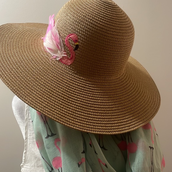 Summer Hat & Scarf Set, Flamingo Themed, Color: light green/hot pink - Picture 3 of 15